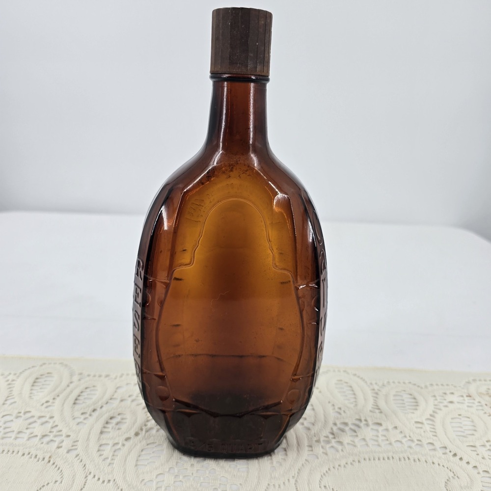 1950's Calvert Reserve Empty Amber Glass Bottle Whiskey 4/5 Quart with lid